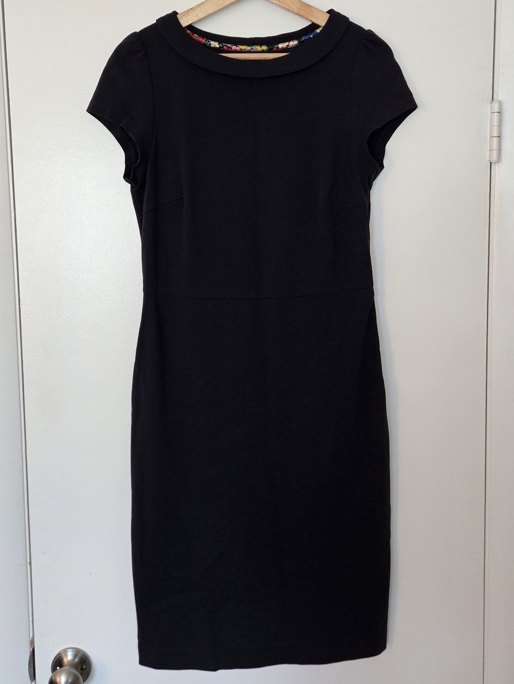 Boden Navy Blue Ponte Sheath Midi Dress Circle Collar, Cap Sleeves Size 8